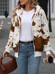 Fuzzy Drawstring Zip Up Hooded Jacket - Trendsi
