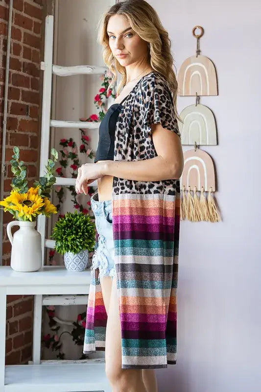 Heimish Full Size Animal Leopard and Stripe Open Cardigan Plus Size - Trendsi - Flyclothing LLC