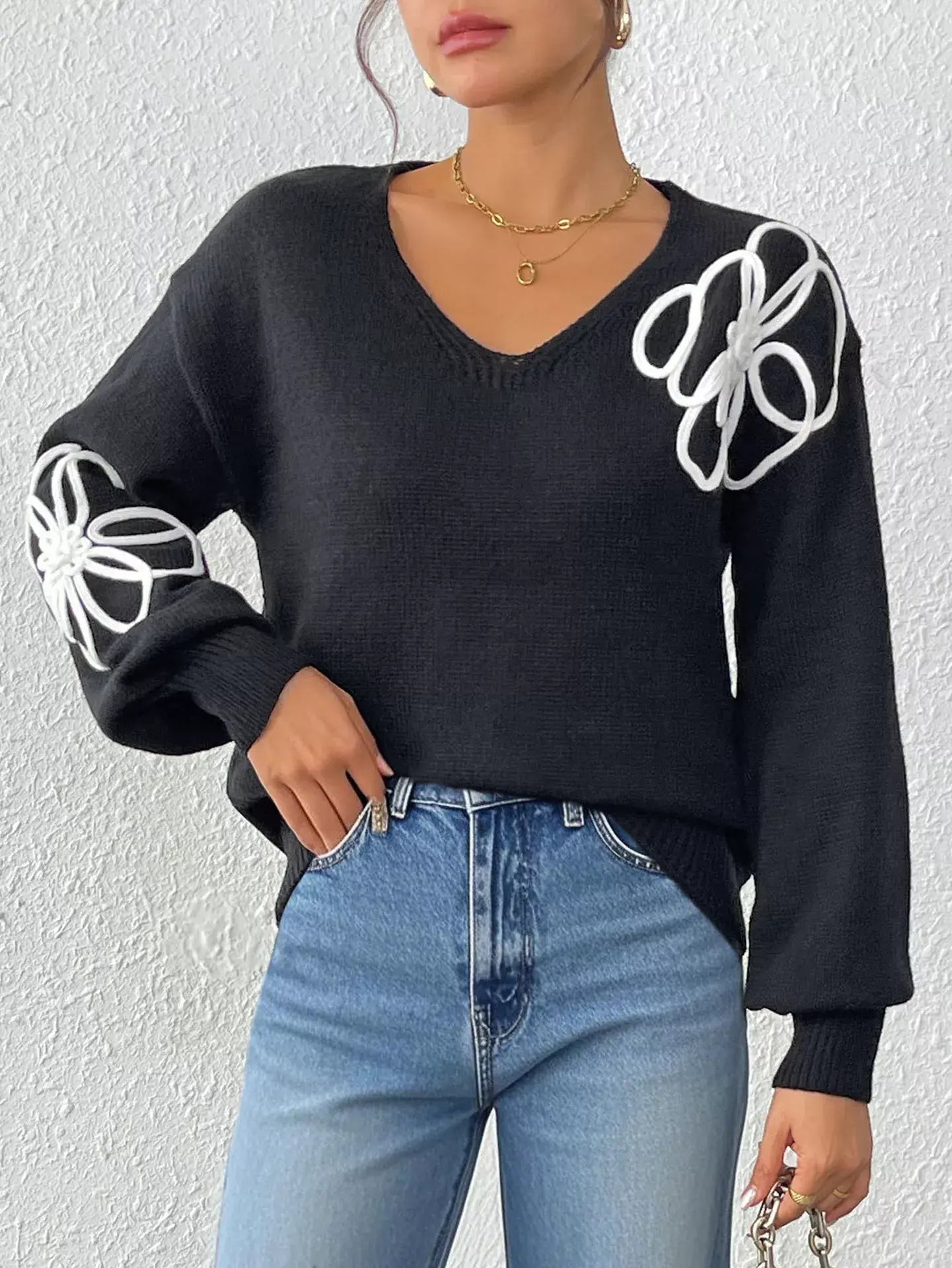 Flower V-Neck Long Sleeve Sweater - Trendsi - Flyclothing LLC