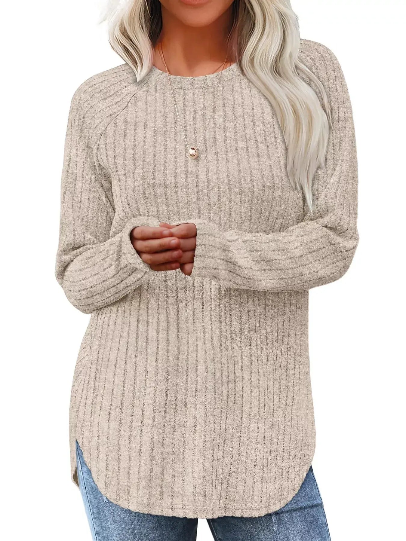 Ribbed Knit Long Sleeve T-Shirt - Trendsi - Flyclothing LLC