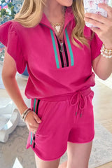 Striped Detail Flutter Sleeve Zipped Collar Top and Short Set - Trendsi - Flyclothing LLC