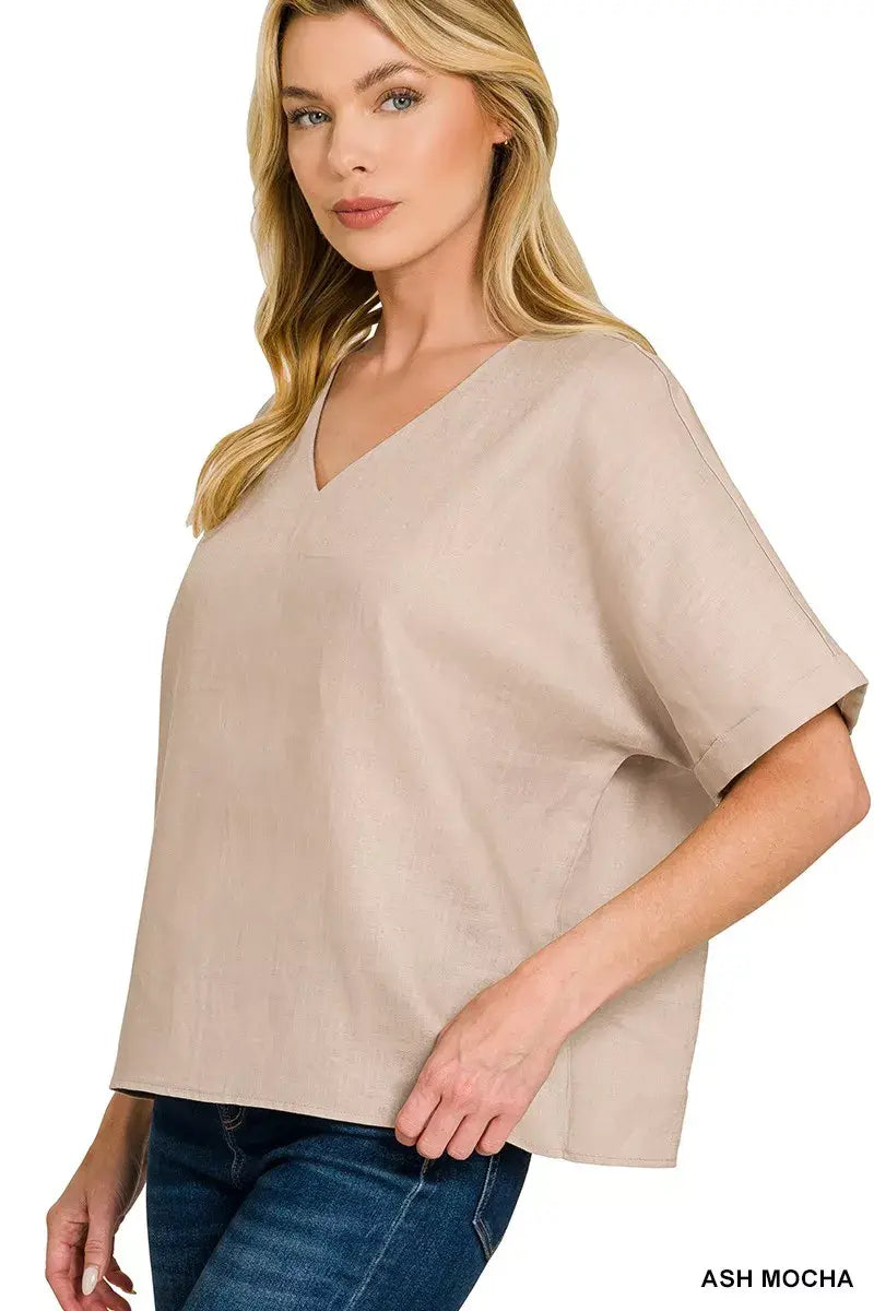 Zenana Linen V-Neck Cuffed Sleeve Top - Trendsi - Flyclothing LLC
