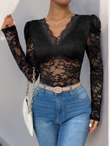 Perfee Lace V-Neck Long Sleeve Bodysuit - Trendsi - Flyclothing LLC