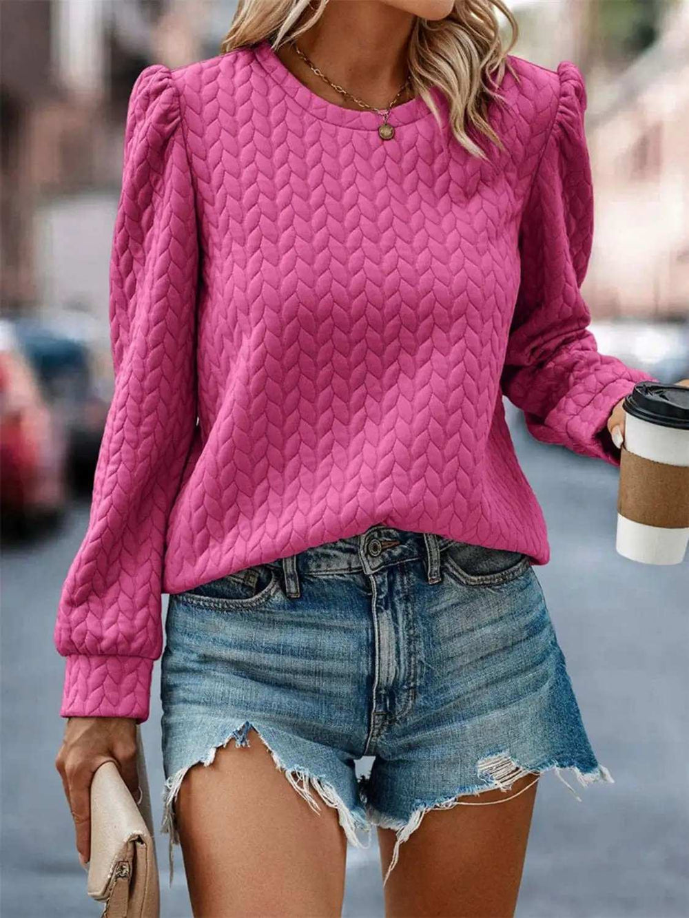 Textured Round Neck Long Sleeve Sweatshirt - Trendsi - Flyclothing LLC