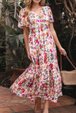 Floral Short Sleeve V Neck Dress with Pockets - Trendsi