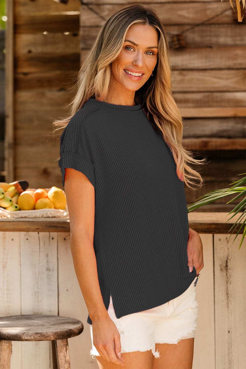Exposed Seam Round Neck Short Sleeve T-Shirt - Trendsi - Flyclothing LLC