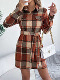 Plaid Button Front Tie Waist Shirt Dress - Trendsi - Flyclothing LLC
