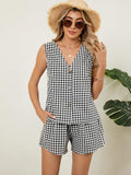 Plaid V-Neck Sleeveless Top and Shorts Set - Trendsi