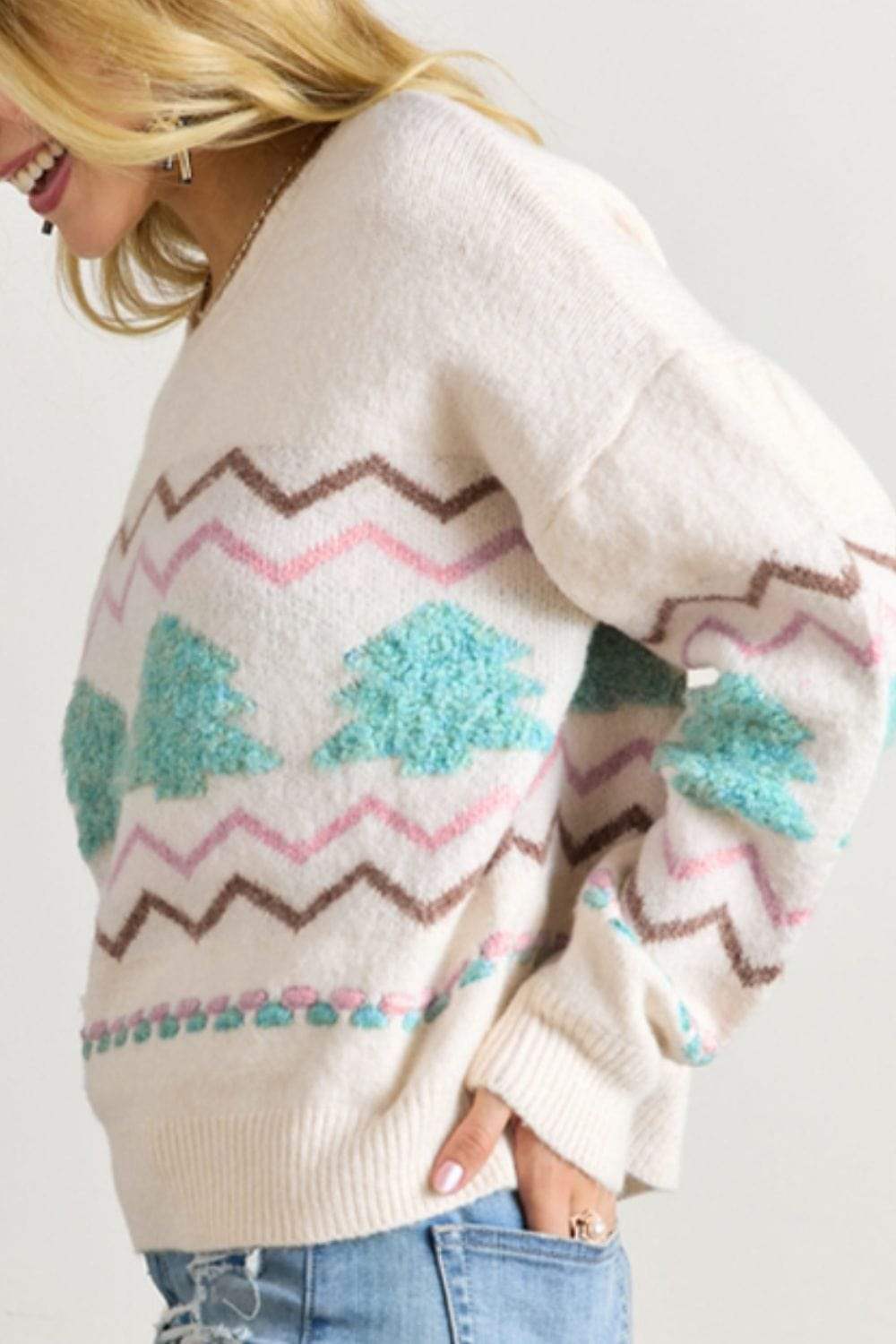 Christmas Tree Ribbed Hem Dropped Shoulder Sweater - Trendsi - Flyclothing LLC