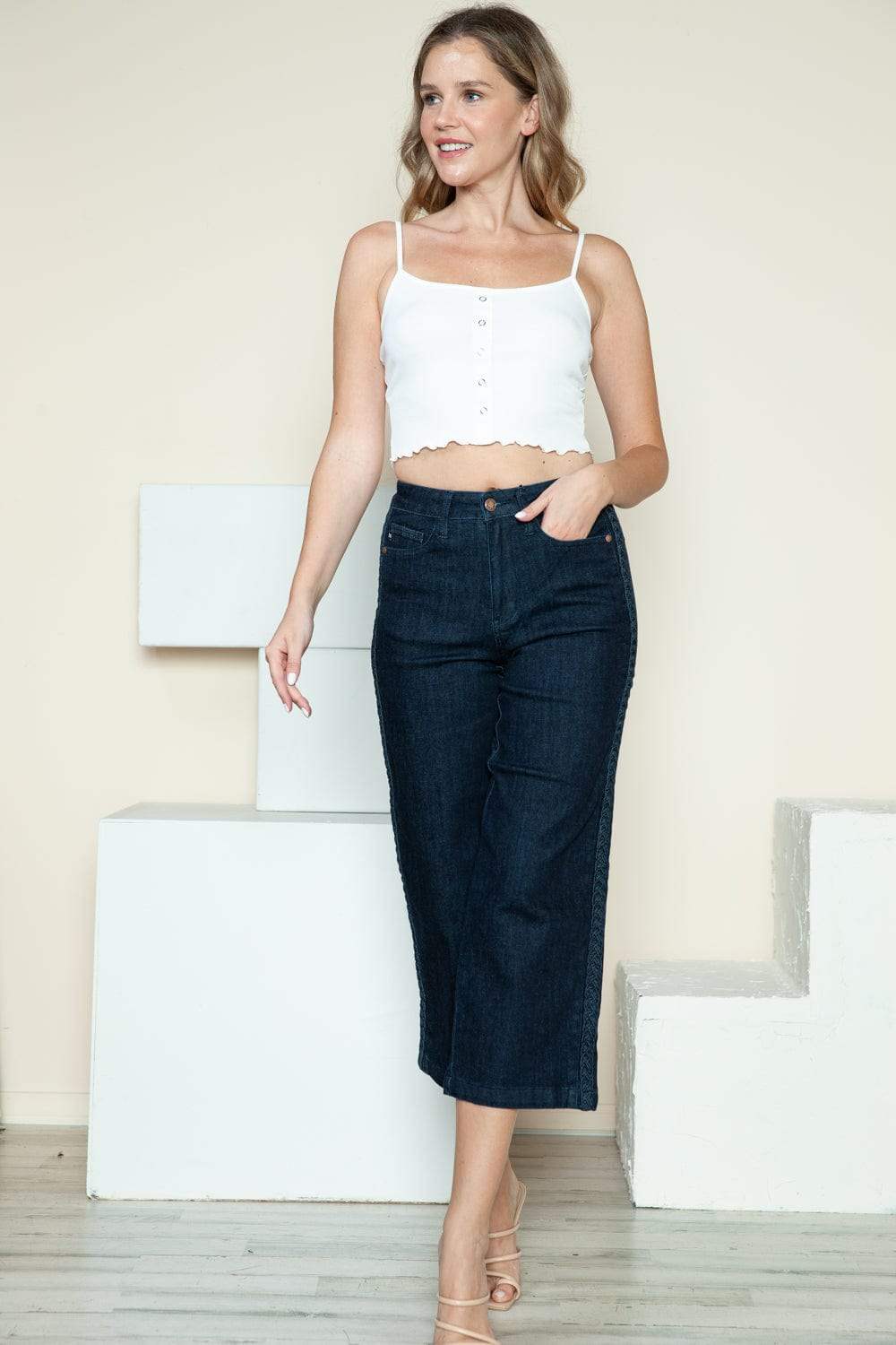 Judy Blue Full Size Side Seam Braid Detail Crop Wide Leg Jeans - Trendsi - Flyclothing LLC