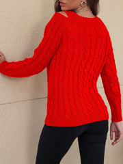 Honey Cable-Knit V-Neck Cold Shoulder Sweater - Trendsi