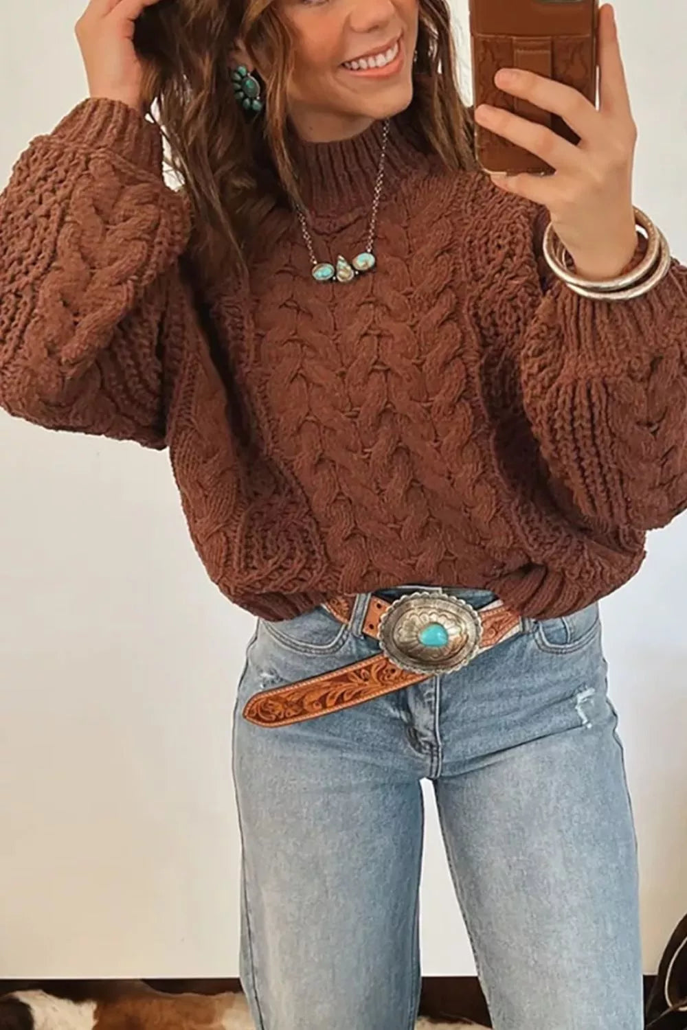 Mock Neck Cable Knit Sweater - Trendsi - Flyclothing LLC