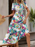 Printed Notched Short Sleeve Midi Dress - Trendsi