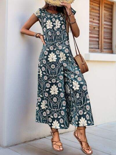 Perfee Printed Round Neck Cap Sleeve Wide Leg Jumpsuit - Trendsi - Flyclothing LLC