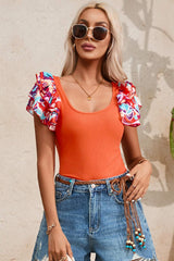 Scoop Neck Flounce Sleeve Bodysuit - Trendsi - Flyclothing LLC