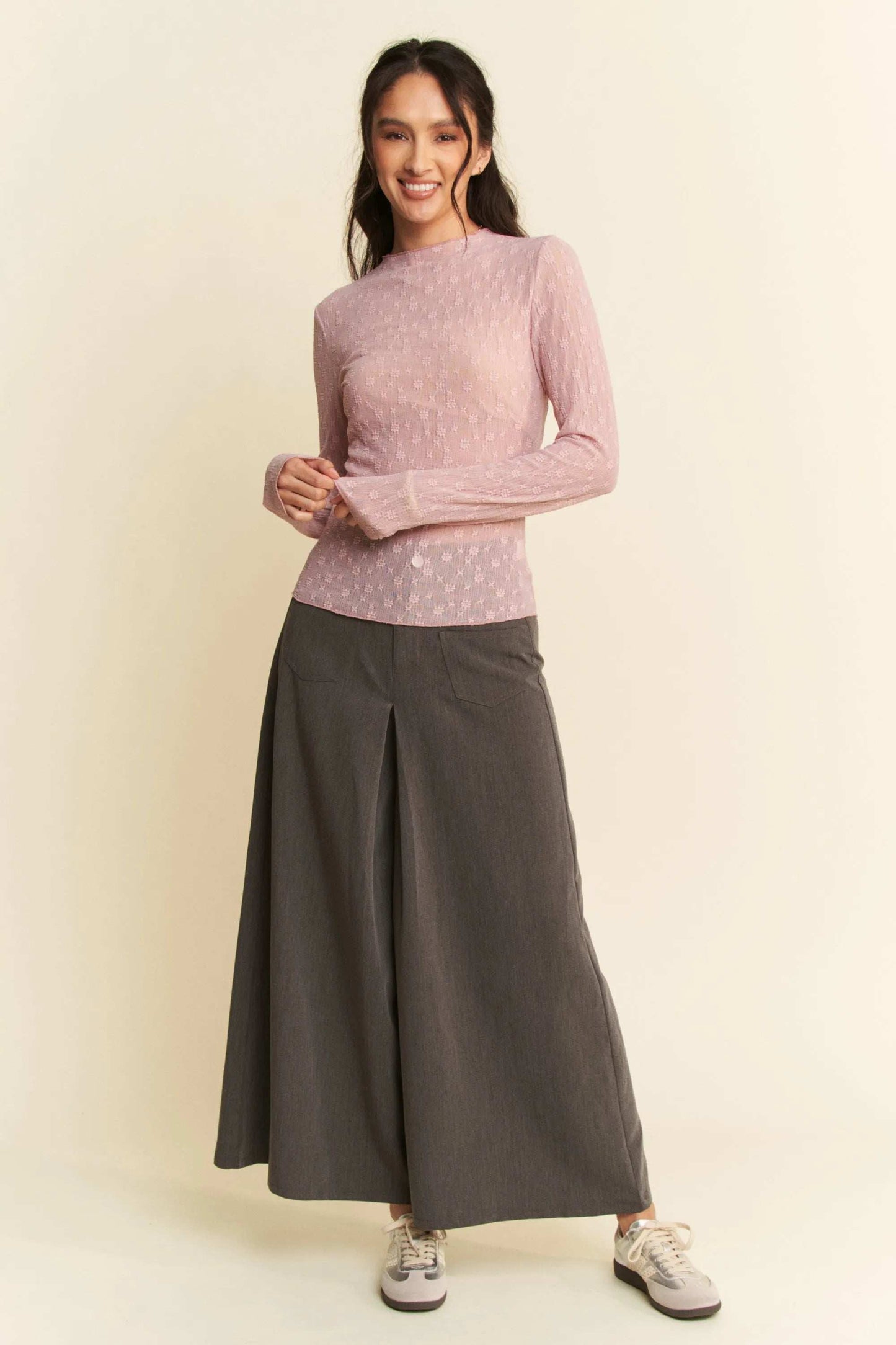 Davi & Dani Long Sleeve Sheer Small Embroidered Bows Lace Top - Trendsi - Flyclothing LLC