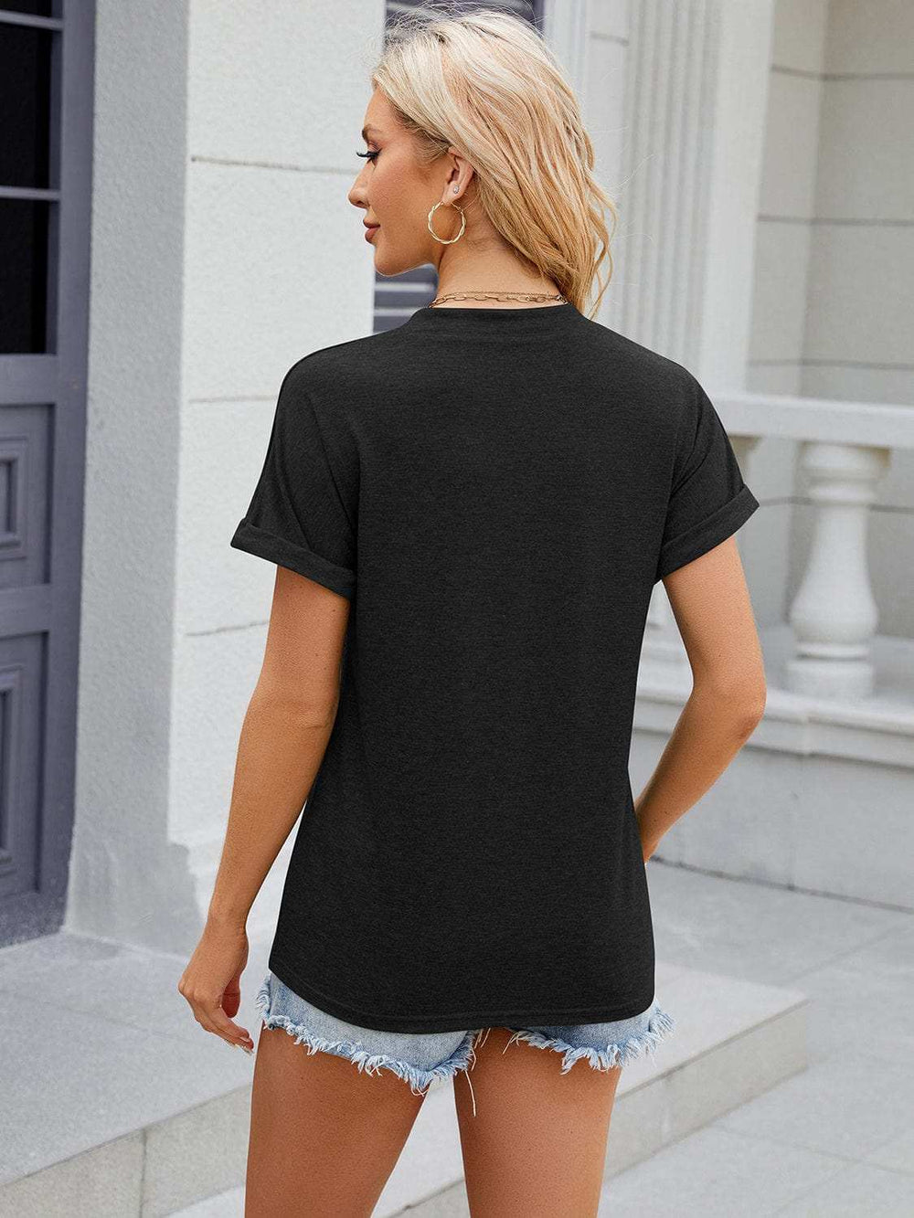 Decorative Button Notched Short Sleeve T-Shirt - Trendsi - Flyclothing LLC