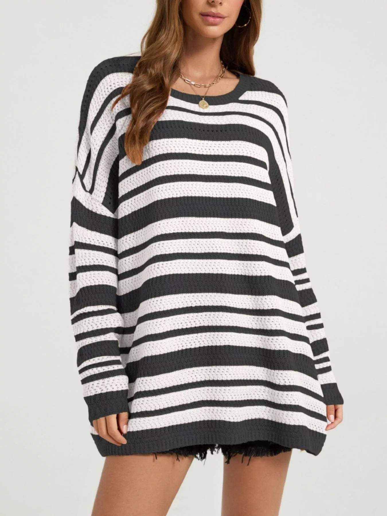 Striped Drop Shoulder Sweater - Trendsi - Flyclothing LLC
