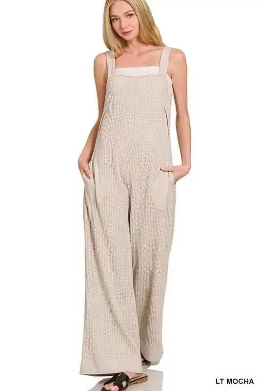 Zenana Knit Waffle Wide Leg Overalls - Trendsi - Flyclothing LLC