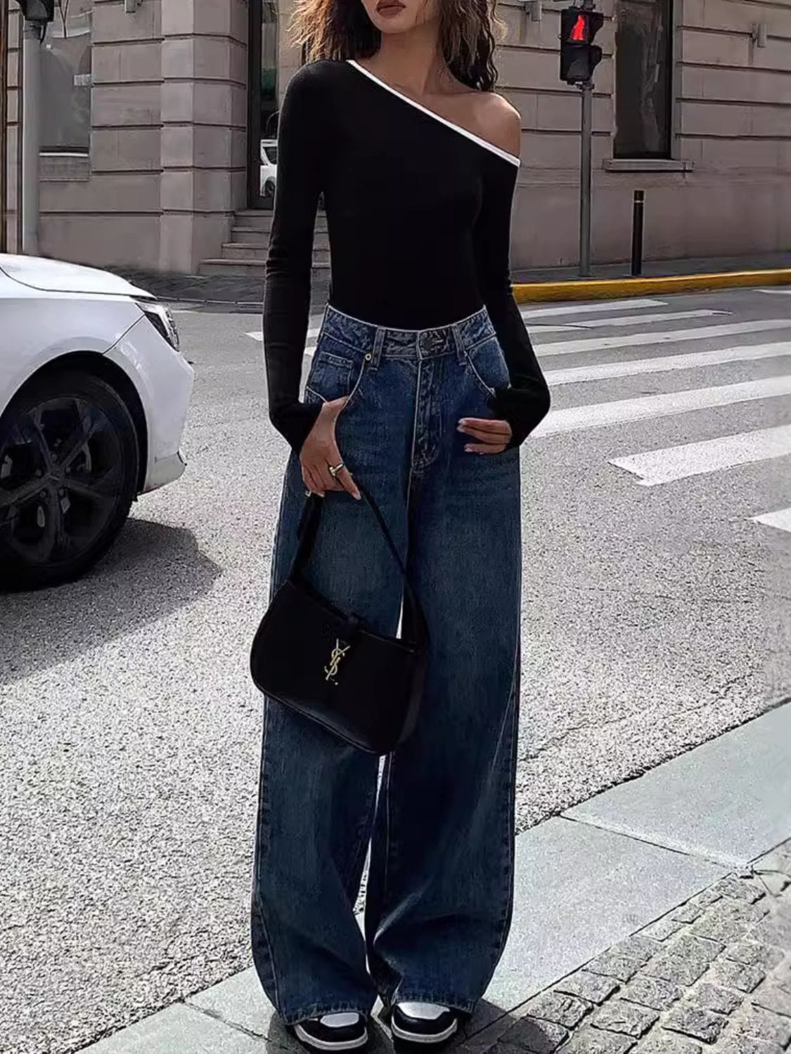 Contrast Trim One Shoulder Long Sleeve T-Shirt - Trendsi