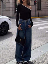 Contrast Trim One Shoulder Long Sleeve T-Shirt - Trendsi - Flyclothing LLC