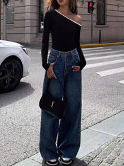 Contrast Trim One Shoulder Long Sleeve T-Shirt - Trendsi