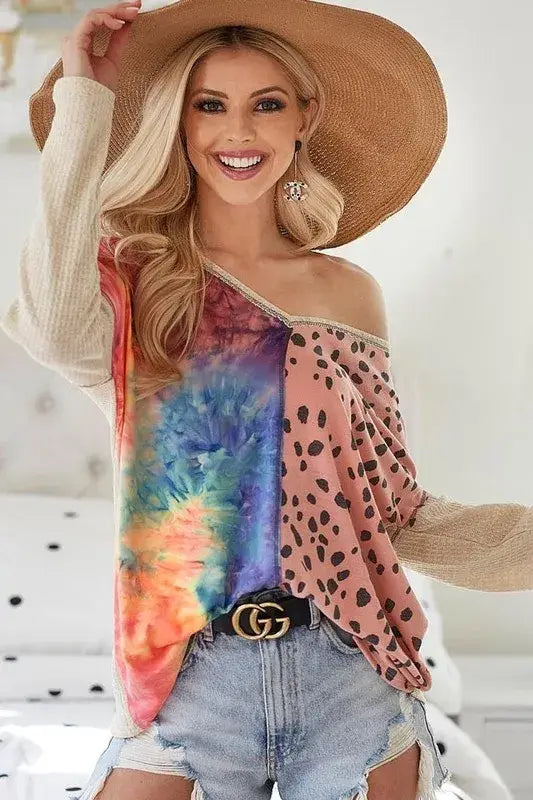 BiBi Print Block V Neck Top with Contrast Stitching - Trendsi - Flyclothing LLC