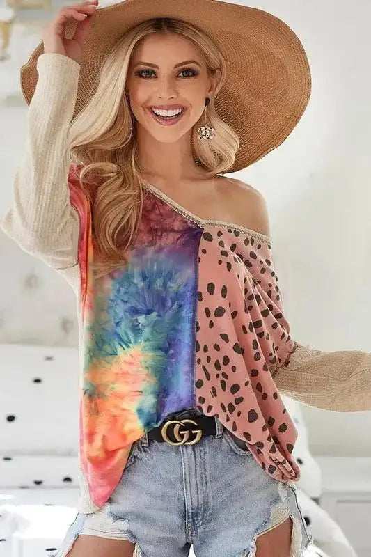 BiBi Print Block V Neck Top with Contrast Stitching - Trendsi - Flyclothing LLC