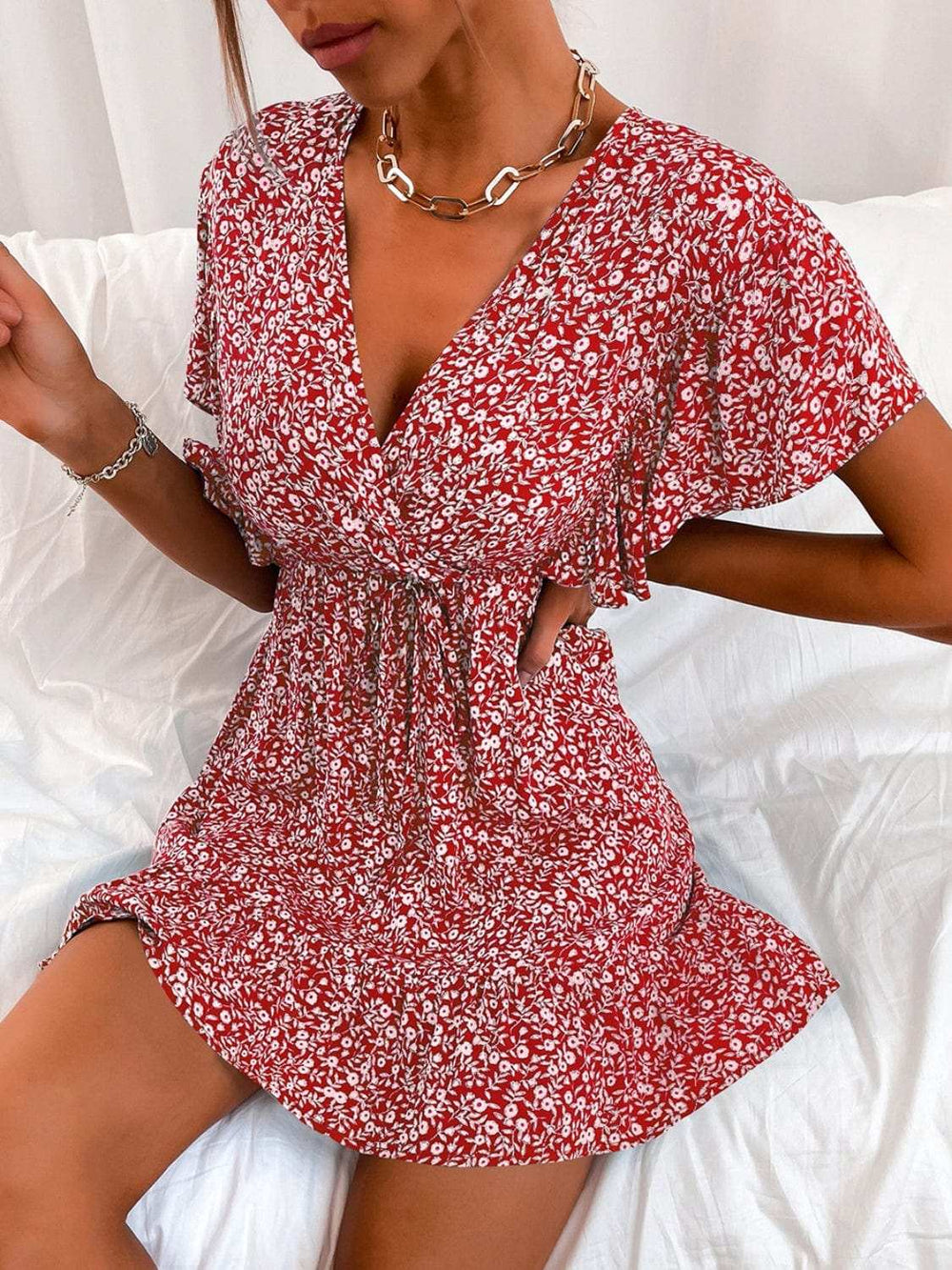 Cutout Ditsy Floral Surplice Flounce Sleeve Dress - Trendsi - Flyclothing LLC
