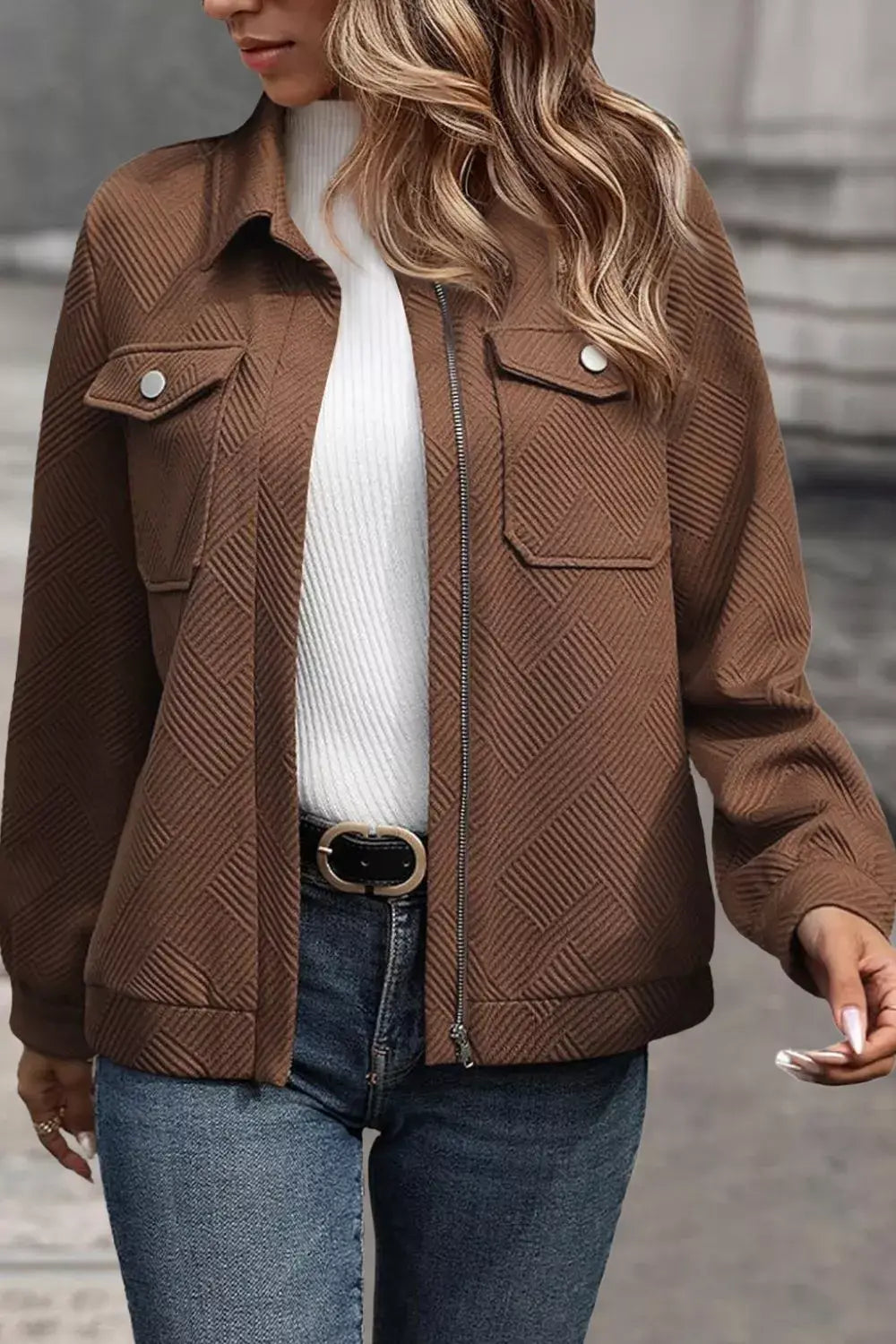 Solid Color Zip Up Button Flap Pocket Jackets - Trendsi - Flyclothing LLC