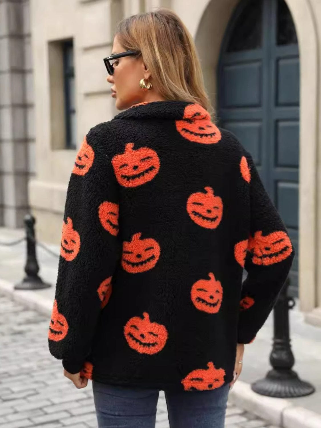 Jack-O'-Lantern Half Zip Long Sleeve Sweatshirt - Trendsi