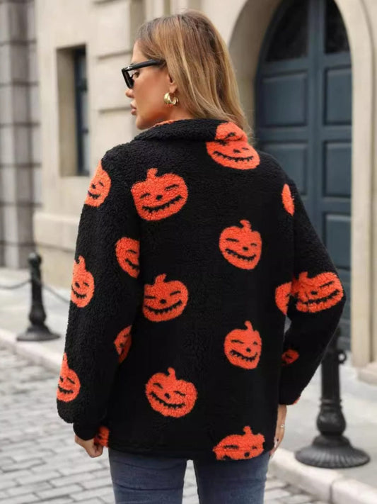 Jack-O'-Lantern Half Zip Long Sleeve Sweatshirt - Trendsi