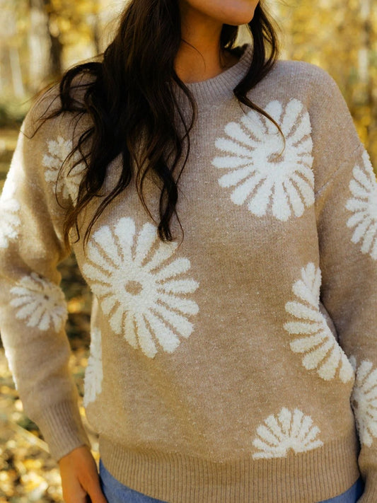 Flower Round Neck Long Sleeve Sweater - Trendsi