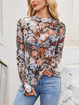 Floral Mock Neck Long Sleeve Top - Trendsi - Flyclothing LLC