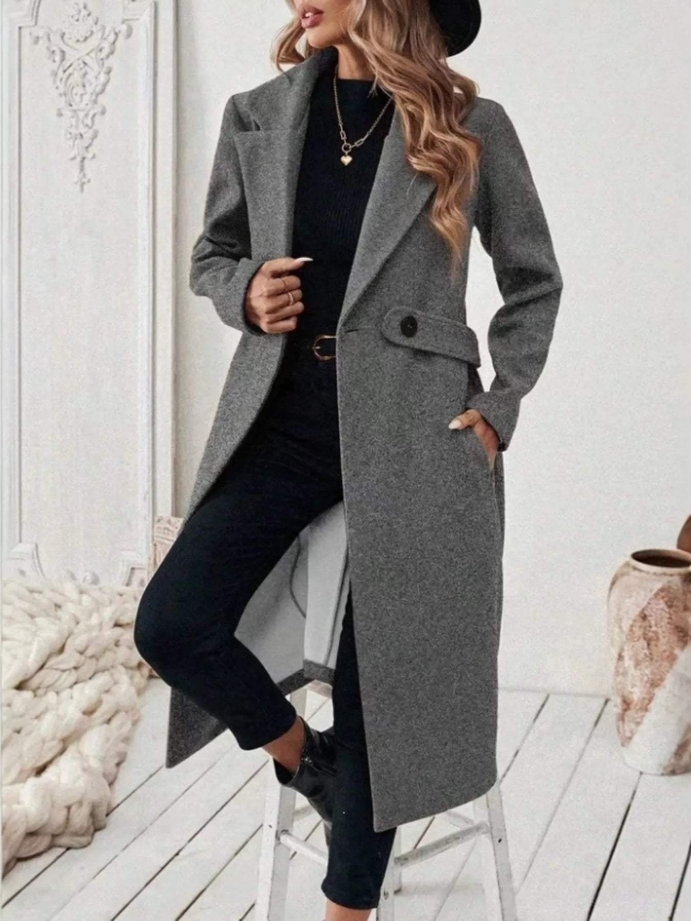 Full Size Elegant Lapel Collar Belted Coat with Pockets Plus Size - Trendsi - Flyclothing LLC