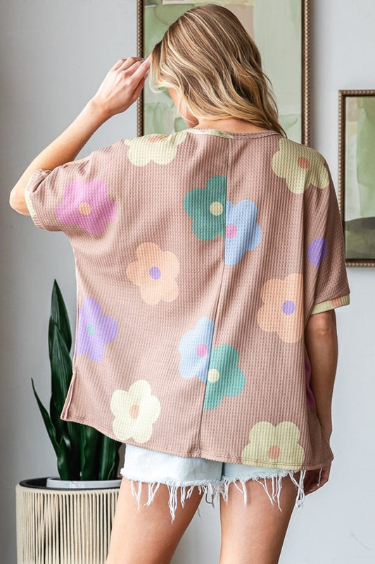 HOPELY Full Size Floral Round Neck Side Slit Waffle T-Shirt - Trendsi