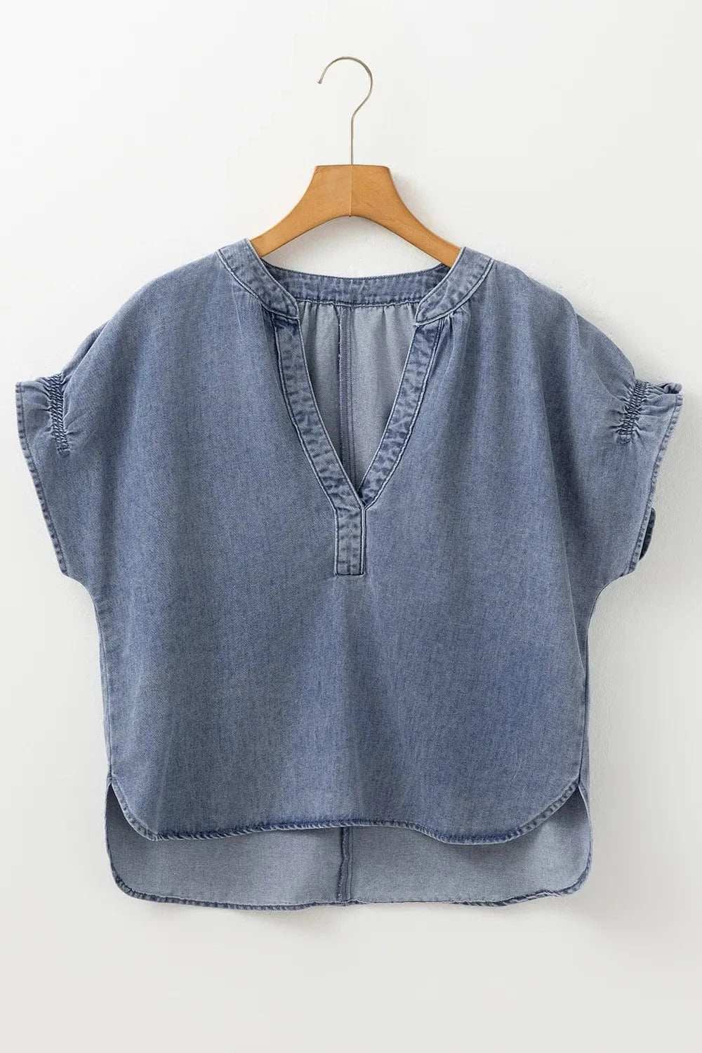 V Neck Ruffled Short Puff Sleeve Denim Top - Trendsi - Flyclothing LLC