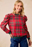 BiBi Christmas Plaid Exaggerated Shoulder Sleeves Top - Trendsi - Flyclothing LLC