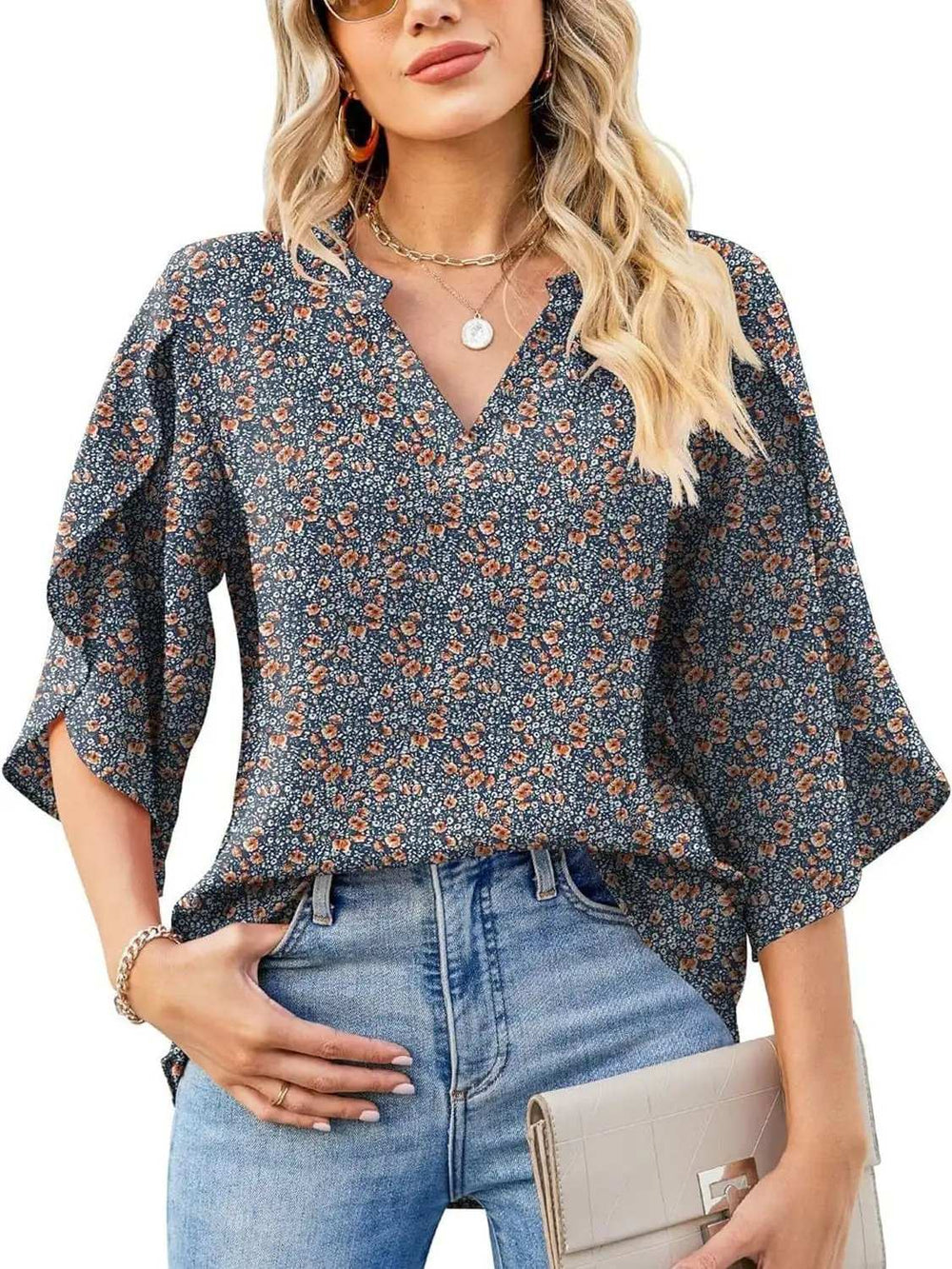 Printed Notched Half Sleeve Blouse - Trendsi - Flyclothing LLC