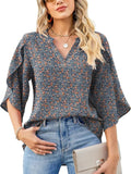 Printed Notched Half Sleeve Blouse - Trendsi