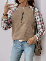 Perfee Plaid Half Zip Long Sleeve Texture Sweatshirt - Trendsi - Flyclothing LLC