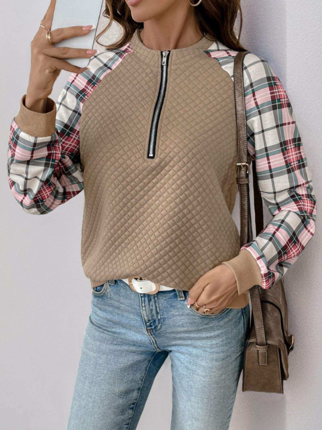 Perfee Plaid Half Zip Long Sleeve Texture Sweatshirt - Trendsi - Flyclothing LLC