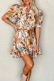 Printed Notched Short Sleeve Mini Dress - Trendsi