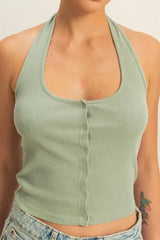 HYFVE Halter Neck Buttoned Washed Top - Trendsi - Flyclothing LLC