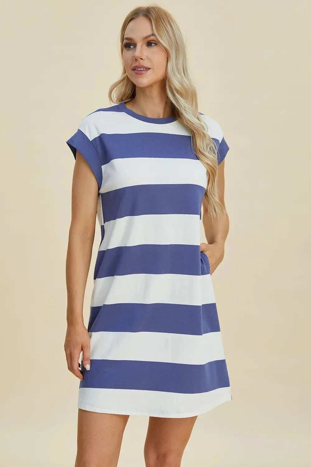 Basic Bae Full Size Striped Round Neck Cap Sleeve Mini Dress - Trendsi - Flyclothing LLC