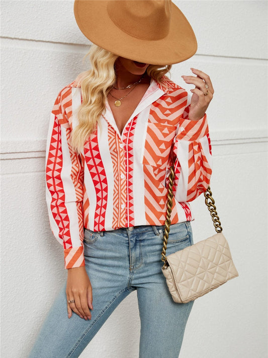 Geometric Collared Neck Long Sleeve Shirt - Trendsi