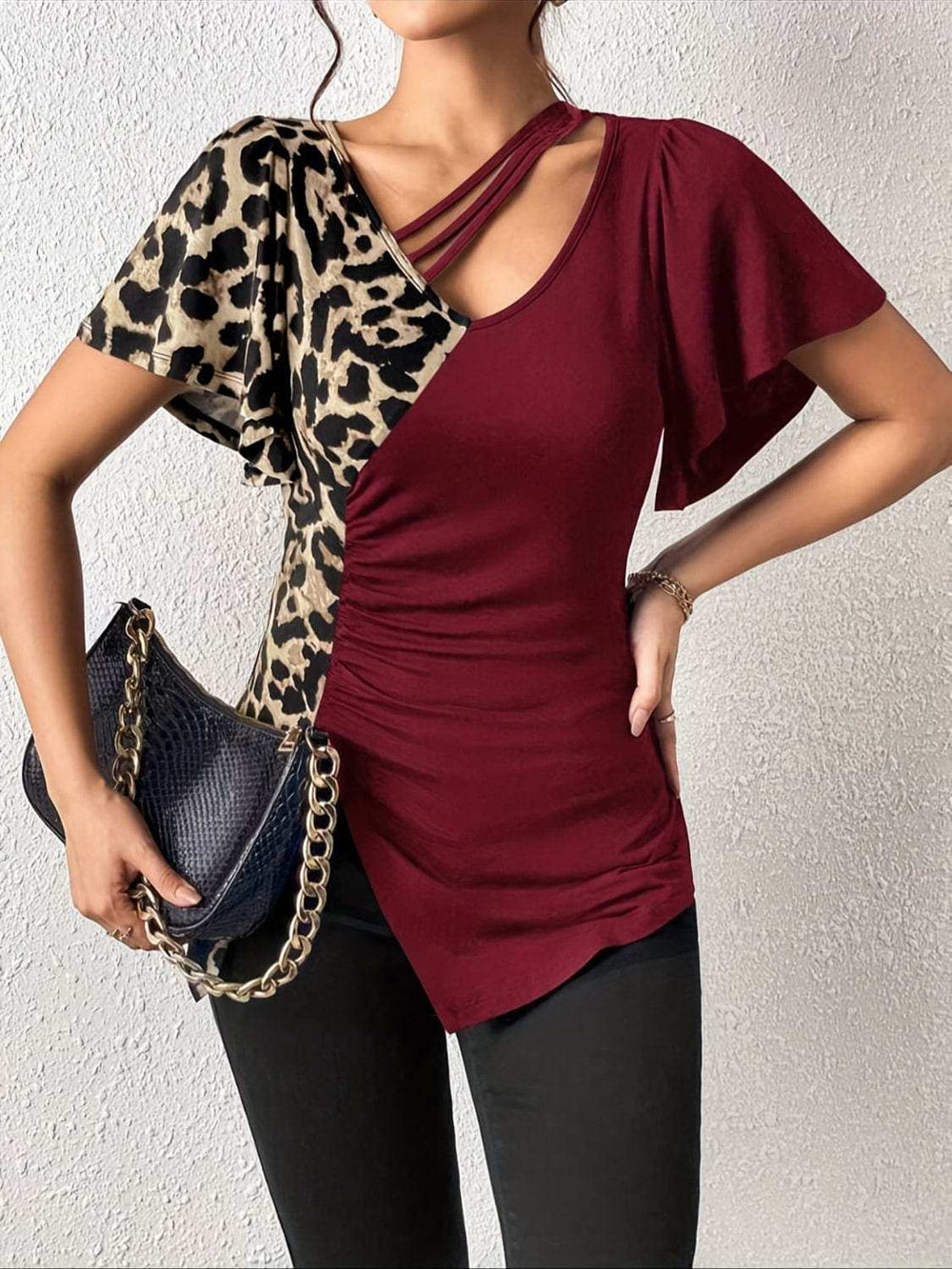 Ruched Leopard Flutter Sleeve T-Shirt - Trendsi - Flyclothing LLC