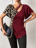 Ruched Leopard Flutter Sleeve T-Shirt - Trendsi - Flyclothing LLC