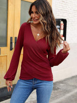 Waffle Knit Surplice Long Sleeve T-Shirt - Trendsi - Flyclothing LLC