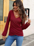 Waffle Knit Surplice Long Sleeve T-Shirt - Trendsi - Flyclothing LLC